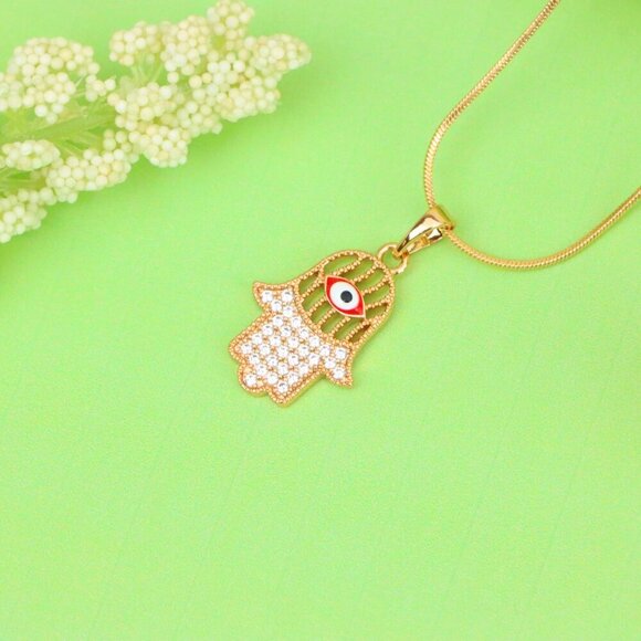 "Rose Gold Hamsa Hand Pendant with Evil Eye and Sparkling Stones, XPPT1386 - Picture 10 of 13